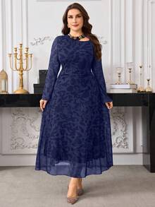 Modelyn Plus Size Long Sleeve Elastic Mesh Printed Double-Layer Fitted Waist Elegant Knit Dress For Women - Navy Blue - View 5