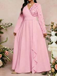 Fleurora 大码女式亮片V领长袖优雅连衣裙 - 粉色 - 查看 3