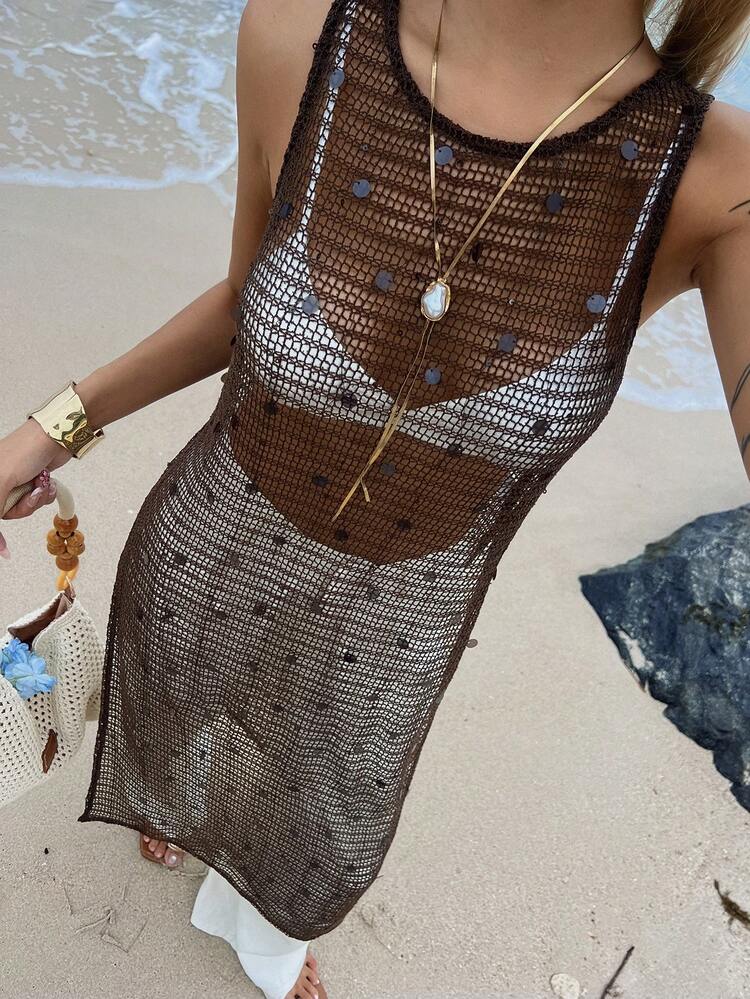 Women's Sleeveless Mesh Hollow Sequin Long Casual Vacation Summer Top