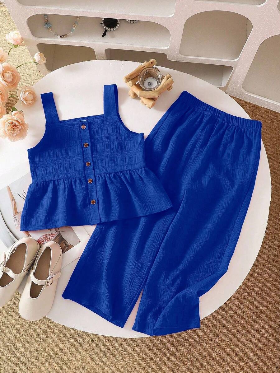 SHEIN Genkimix Kids 2件組少女休閒紋理面料細肩帶上衣與寬腿褲套裝 - 藍色 - 查看 1