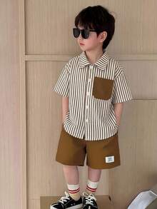 Set 2pcs/Set Baju Lengan Pendek dan Celana Pendek Pinggang Elastis Gaya Korea Kasual Musim Panas untuk Bayi Laki-laki, Cocok untuk Musim Panas - MultiWarna - View 3