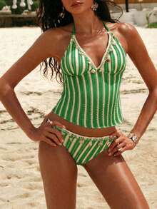 Swim Vcay Women's Striped Halter Tankini Top And Triangle Bottoms Swimwear Set, Suitable For Summer Vacation - Green - View 5