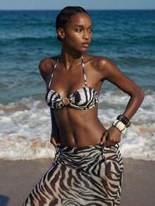 Maija 女士夏季度假沙滩斑马纹吊带比基尼套装，含罩裙 - 棕色 - 查看 2