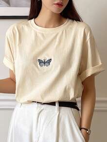 DAZY 蝴蝶刺繡蝙蝠袖T恤 - 米色 - 查看 5