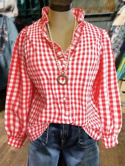Linhara Camisa casual de manga larga con cuello en V con volantes a cuadros rojos y blancos para mujer de talla grande, primavera temprana
