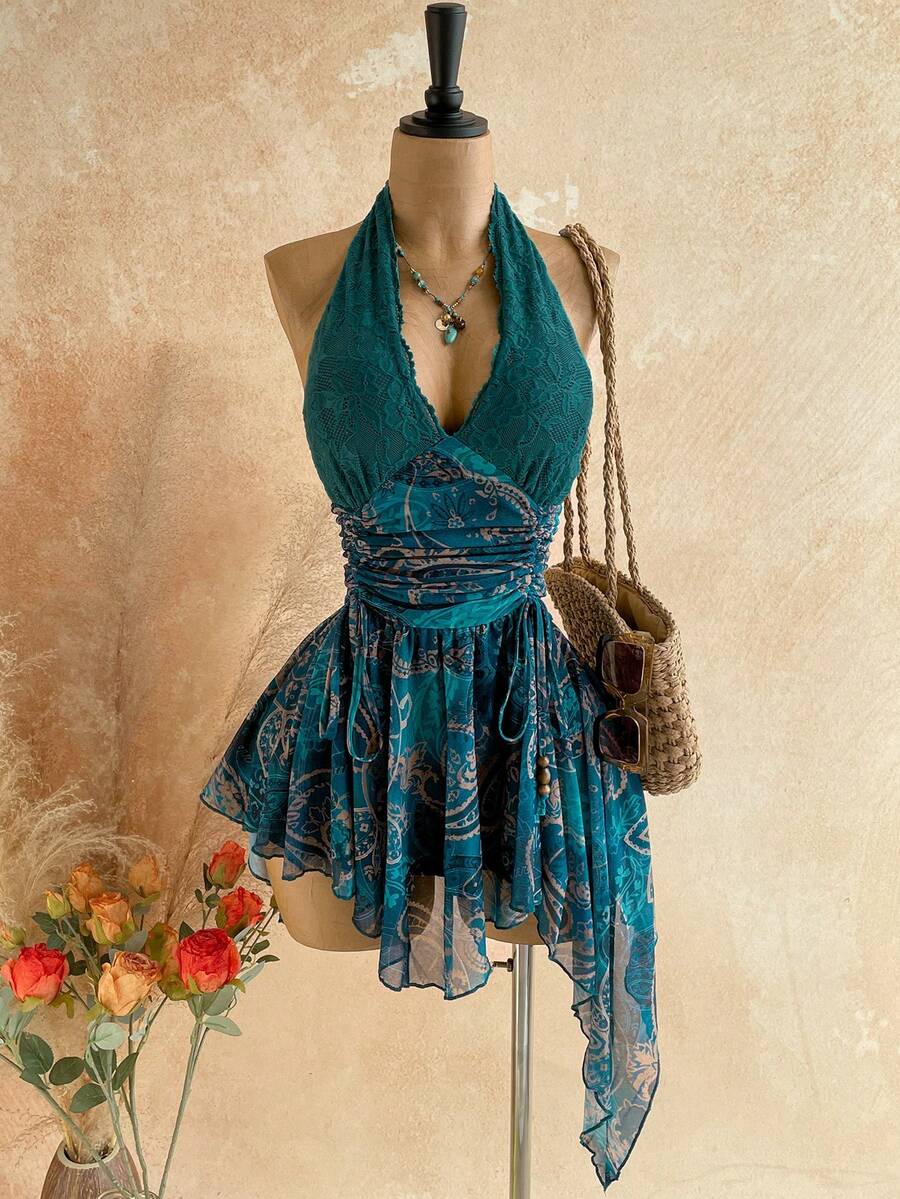 Soleia 女士度假沙滩蕾丝拼接佩斯利印花露背迷你连衣裙 - 綠色 - 查看 1