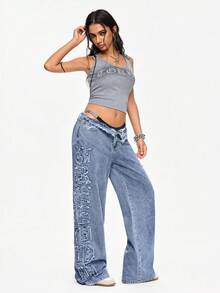 ROMWE Grunge Punk 女式超低腰宽松侧贴英文字牛仔裤 - 藍色 - 查看 2