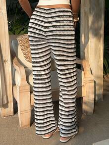 SHEIN EZwear Quần ống đứng dệt kim kẻ sọc đen trắng dành cho nữ - Đen và trắng - Xem 2