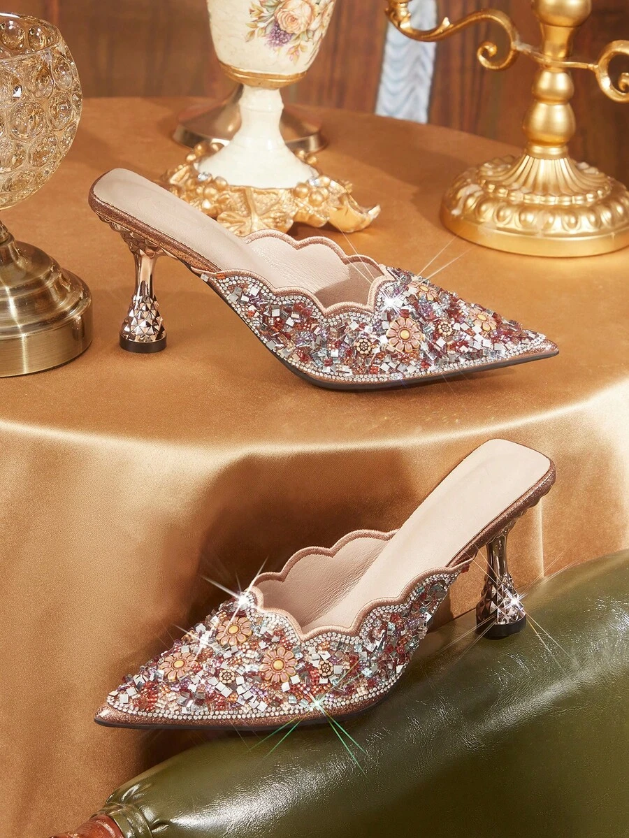 CUCCOO TILAWA Giày cao gót mũi nhọn đính đá lấp lánh thời trang nữ dự tiệc Giáng sinh và Ngày Valentine. - Rỉ Nâu - Xem 1