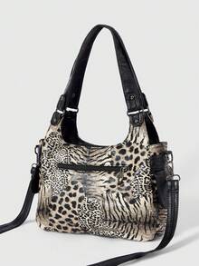 ROMWE Grunge Punk Fashion Leopard Print Hottie Bag Casual Women's Bag Women's Shoulder Bag Retro Tote Bag Commuter Women's Bag Punk Locomotive Women's Bag - Brown - View 4
