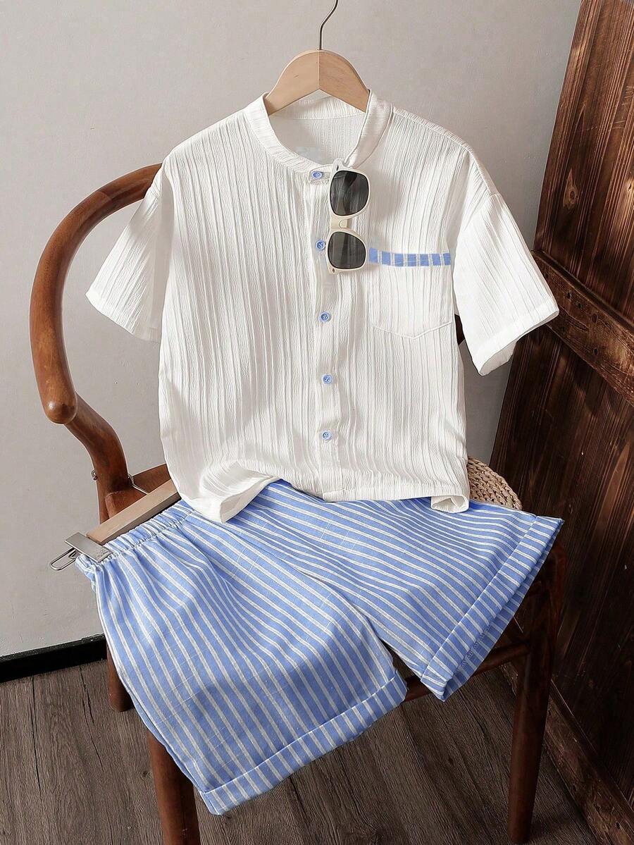 SHEIN 男童通勤休闲条纹立领衬衫和条纹短裤两件套,舒适时尚 - 彩色 - 查看 1