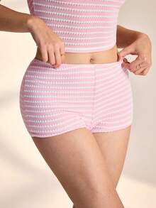 女士假日套装条纹针织不对称短裤 - 粉色 - 查看 3
