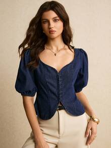 Áo sơ mi denim nữ kiểu dáng thường ngày, thích hợp cho mùa hè. - Rửa tối - Xem 3