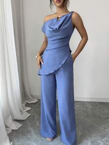 SHEIN Elenzya 新款夏季垂褶领仿亚麻竹结牛仔蓝两件套，适合旅行和摄影，优雅深海蓝不对称肩部上衣+高腰休闲裤 - 藍色 - 查看 7