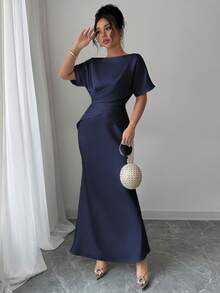Elenzga Women Summer Navy Blue Autumn Elegant Dining Mal Dress,Satin Glossy Fabric Boat Neck Raglan Sleeve Criss-Cross Tie Waist Fish Tail Hem Back Bow Gown - Navy Blue - View 6