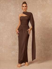 Lumalex VITNOS 秋冬新款高端优雅奶油黄简约时尚露背（可拆卸亮片）胸前荷叶边下摆网纱透明鱼尾连衣裙，适合约会、度假、派对、婚礼、伴娘活动、晚礼服 - 棕色 - 查看 3