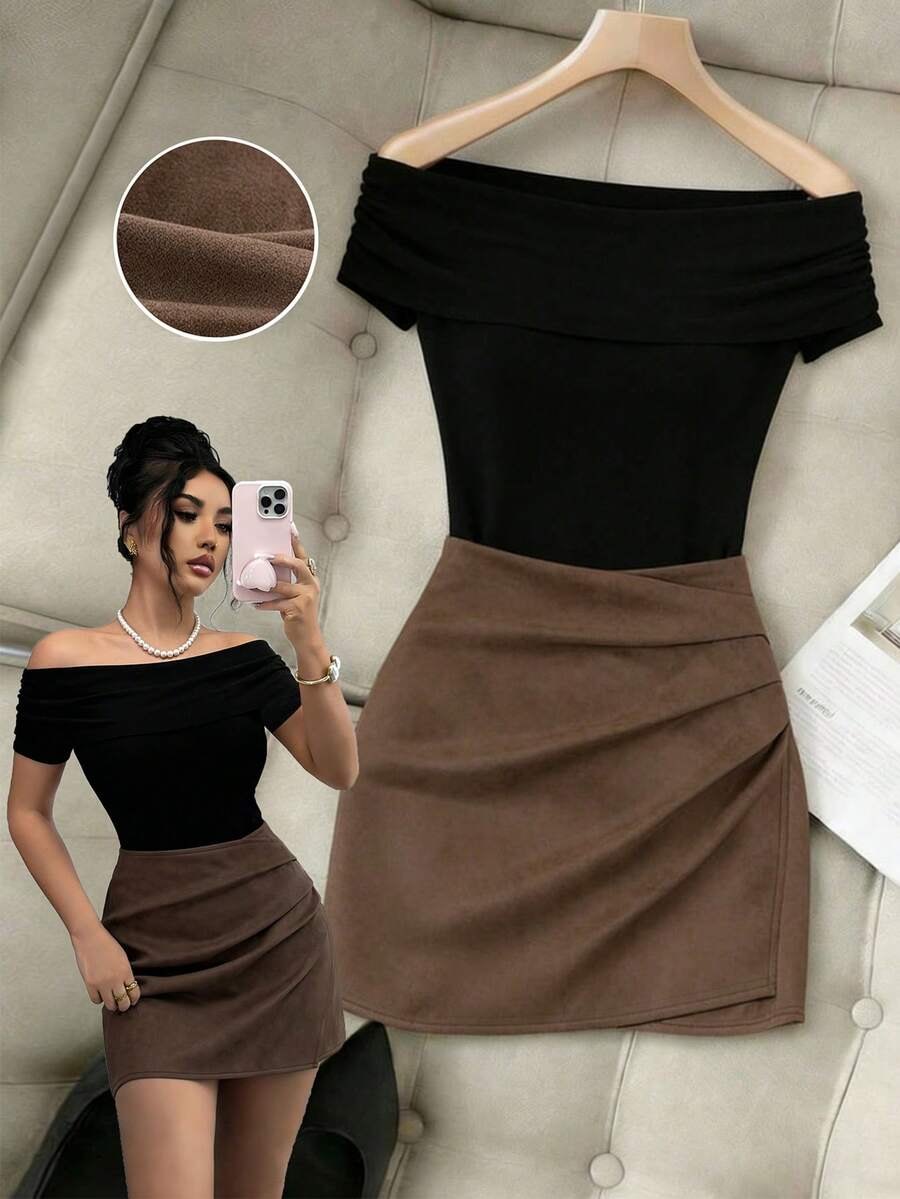 Franclia 1 Set Fashion Off-Shoulder Ruched Short Sleeve Slim Fit T-Shirt + Stylish Suede Irregular Skort, High Waist Flattering Bodycon Pleated Two Pieces Outfit, Spring/Summer - Apricot - View 1