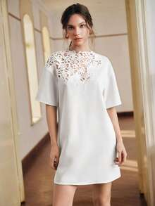 Anewsta Solid Color Loose Lace Patchwork Short Sleeve Straight Dress For Women - White - View 7