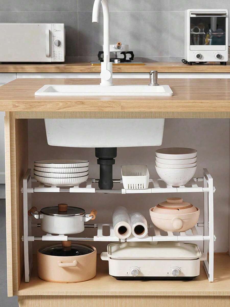 1PC Under Sink Organizer For Kitchen, Bathroom Storage Rack, Countertop Shelf For Oven, Microwave, Kitchen Organization - White - View 1