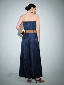 Lumivelle Women's Summer Elegant Navy Blue Jumpsuit,Denim Effect Bandeau Top Cinched Waist With Woven Belt,Loose Bottom Casual Retro Holiday Vacay Outfit Sets - Navy Blue - View 2
