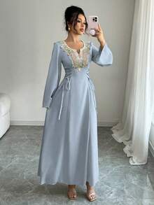 Yasmyna 女士梭织纯色拼接领长袖系腰阿拉伯风格连衣裙 - 藍色 - 查看 7