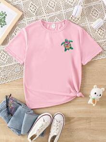 Camiseta corta negra casual con estampado gráfico de tortuga marina, concha marina y estrella de mar, de uso diario cómodo para niñas, para primavera y verano - Rosa - Ver 2