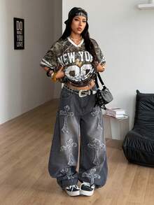 Coolane 女士深绿色夏季街头风复古运动服树枝图案数字印花超大V领棒球衫T恤 - 軍綠色 - 查看 4