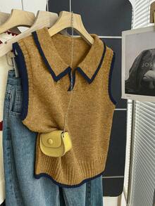 Franclia Áo vest dệt kim màu yến mạch viền đen mới, cổ polo cài nửa khuy, trang trí viền tương phản, dáng ôm không tay, chất liệu dệt kim mềm mại với họa tiết gân mịn, màu yến mạch nhạt trông thanh lịch và cổ điển, đơn giản và thoải mái, phù hợp cho mặc hàng ngày, phối lớp, đi làm, đi học, viền tương phản tạo chiều sâu, cổ polo trông gọn gàng, dáng rộng che khuyết điểm mà không gây cồng kềnh. - gừng - Xem 5