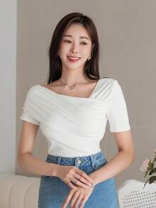 Women Summer Asymmetrical Collar Pleated Plain Short Sleeve T-Shirt,Crop Tops Women - White - View 4