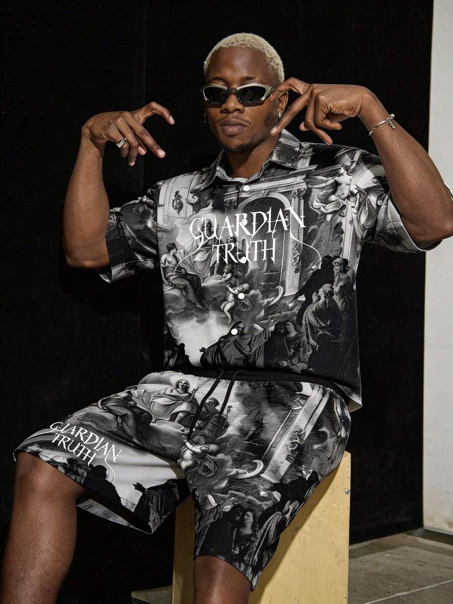 Manfinity ZONE917 Gothic Style Angel Graphic Print Cropped Shirt & Shorts Set, Vintage Distressed Medieval Church Inspired Streetwear, Gift For Friends - Multicolor - View 1