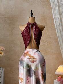 Femesol Wine Red Shimmer Glitter Halter Backless Crop Top With Chain Detail, Sexy Cropped Sleeveless Top For Women, Summer Party & Club Night Out Style - Burgundy - View 4