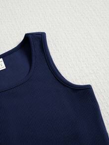 SHEIN Tween Girls' Solid Color Tank Top And Shorts Set, Cute And Casual - Navy Blue - View 4