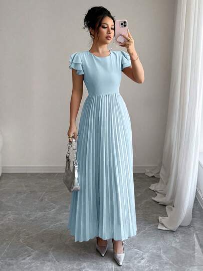 Modelyn Đầm dài nữ màu trơn cổ tròn xếp ly kiểu dáng tối giản, thích hợp cho tiệc tùng và đi chơi.