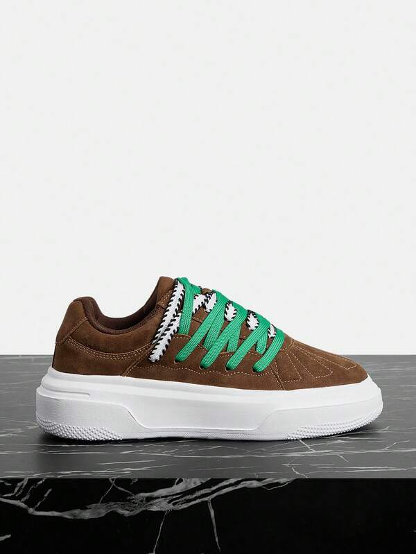 Vate Women's Thick-Soled Cushioning Muffin Sneakers, Breathable Splicing Suede, Multi-Color Contrasting Design, Lace-Up Solid-Color Round Toe Low-Top Thick-Soled Casual Shoes, Street-Style Women's Daily Walking/Travel, Spring And Autumn Contrasting Sneakers