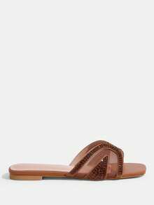 CUCCOO TILAWA Shiny Rhinestone Women's Flat Sandals With A Luxurious Style, Outdoor Vacation Style, Crown Rhinestone Women's Casual Commuting Flat Sandals Valentine's Day Summer Shoes - Brown - View 2
