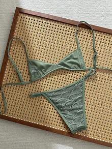 Swim Mod Bộ bikini hai mảnh vải jacquard dành cho nữ, thích hợp cho mùa xuân/hè. - xanh quân đội - Xem 2