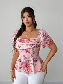 SHEIN Elenzya 大码春夏甜美碎花吊带短袖上衣，心形荷叶领，收腰荷叶边下摆设计，适合约会、度假、日常通勤等场合。 - 彩色 - 查看 4