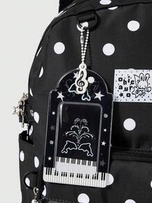 ROMWE Anime 1个波点印花钢琴键卡套，音符登山扣熊猫装饰设计多层口袋背包，星形拉链，时尚休闲男女通用大容量背包，适合通勤和上学 - 圓點黑白色 - 查看 3