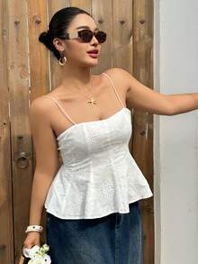 Dazy Plus Camiseta de encaje ajustada y elástica, color blanco versátil, para /verano - Blanco - Ver 5