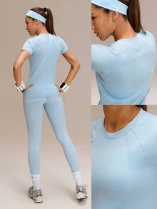GLOWMODE Seamless Workout Shirt Slim Fit Short Sleeve Sports Tees Gym Athletic Tops Summer - Baby Blue - View 9