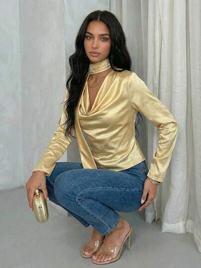 Glamine Charm Yellow Color Sexy V Neck Ruched Long Sleeve Shirt,Transparent Shirt,Skin Revealing,Party Must Have,Women Birthday Shirt,Date Night Shirt,Concert Shirt,Rave Shirt Festival,Going Out Shirt,Sparkly Shirt,Christmas Shirt,Autumn And Winter Shirt