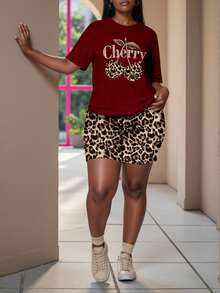 Slaydiva Set de 2 piezas de camiseta y pantalones cortos con estampado de leopardo y cereza, adecuado para el verano, talla grande - Negro - Ver 4