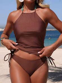 Aveloria Modichic 纯棕色串珠露背两件式泳衣套装，侧边褶皱抽绳设计 - 鏽棕色 - 查看 1