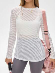 WanderVale Loose Fit Drop Shoulder Striped Casual Sports T-Shirt - White - View 5