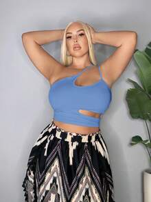 SHEIN SXY 大码性感纯色镂空吊带露脐吊带背心 - 藍色 - 查看 6