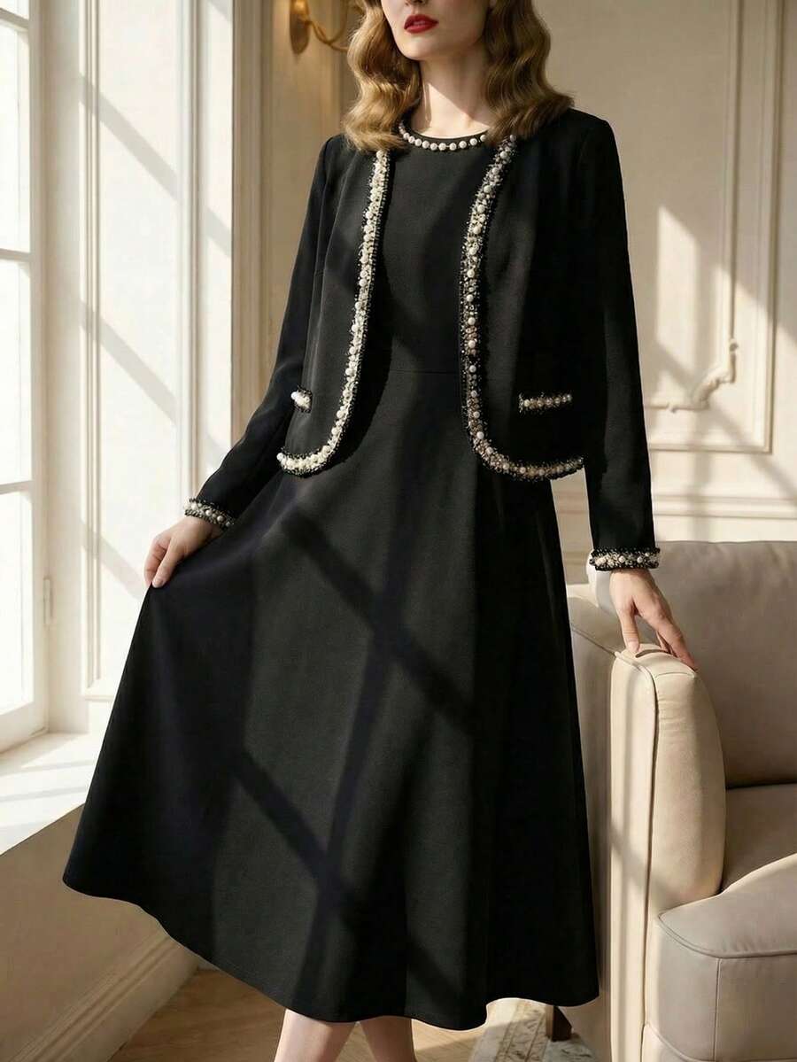 Suri Mira Bộ 2 món gồm áo khoác cardigan dài tay màu đen phối ngọc trai thanh lịch và chân váy dài cổ tròn đính ngọc trai dành cho nữ, thích hợp cho mùa Thu/Đông. - màu đen - Xem 1