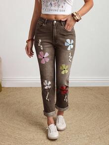 EMERY ROSE Celana Jeans Denim Kasual Ukuran Besar dengan Motif Bunga Bordir dan Tampilan Usang - Coffee Brown - View 8