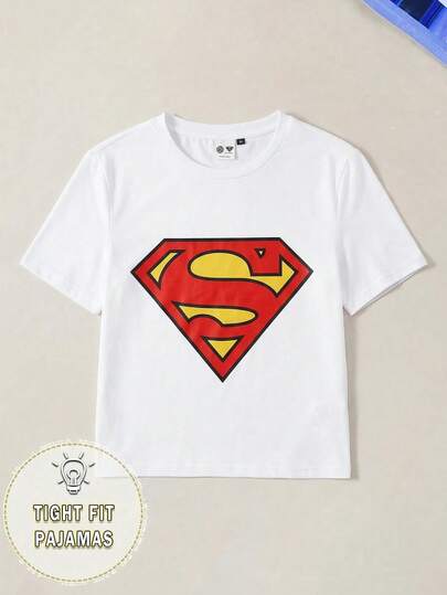 SUPERMAN X SHEIN تي شيرت رجالي بياقة مستديرة وأكمام قصيرة بطباعة بسيطة
