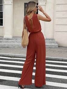 Serisse 女士纯色V领系带休闲连体裤 - 紅木色 - 查看 2