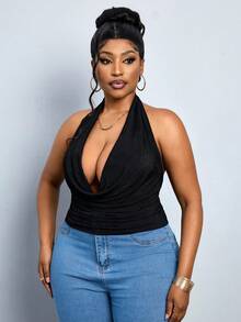 SHEIN PETITE CURVE Áo hai dây cổ yếm màu trơn dành cho nữ cỡ lớn - màu đen - Xem 5